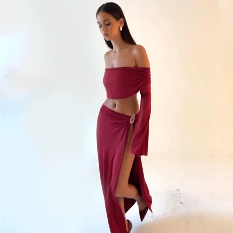 Women's Solid Beach Skirt Sets Sexy High Split Slim Bohemian Outfits Off The Shoulder Holiday Fashion 2 Piece Set 2025 Beachwear