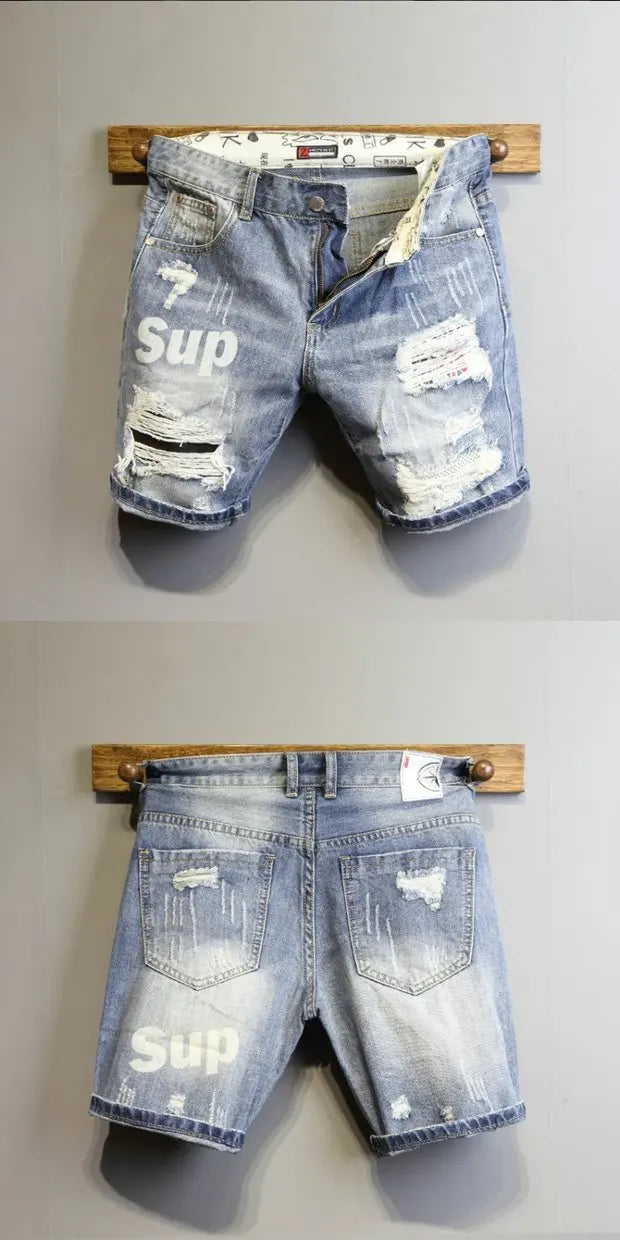 Summer 2025 Light Blue Ripped Cat Whisker Patch Letter Print Slim Denim Shorts Teenagers Jeans Boys and Girls Cowboy Short Pants