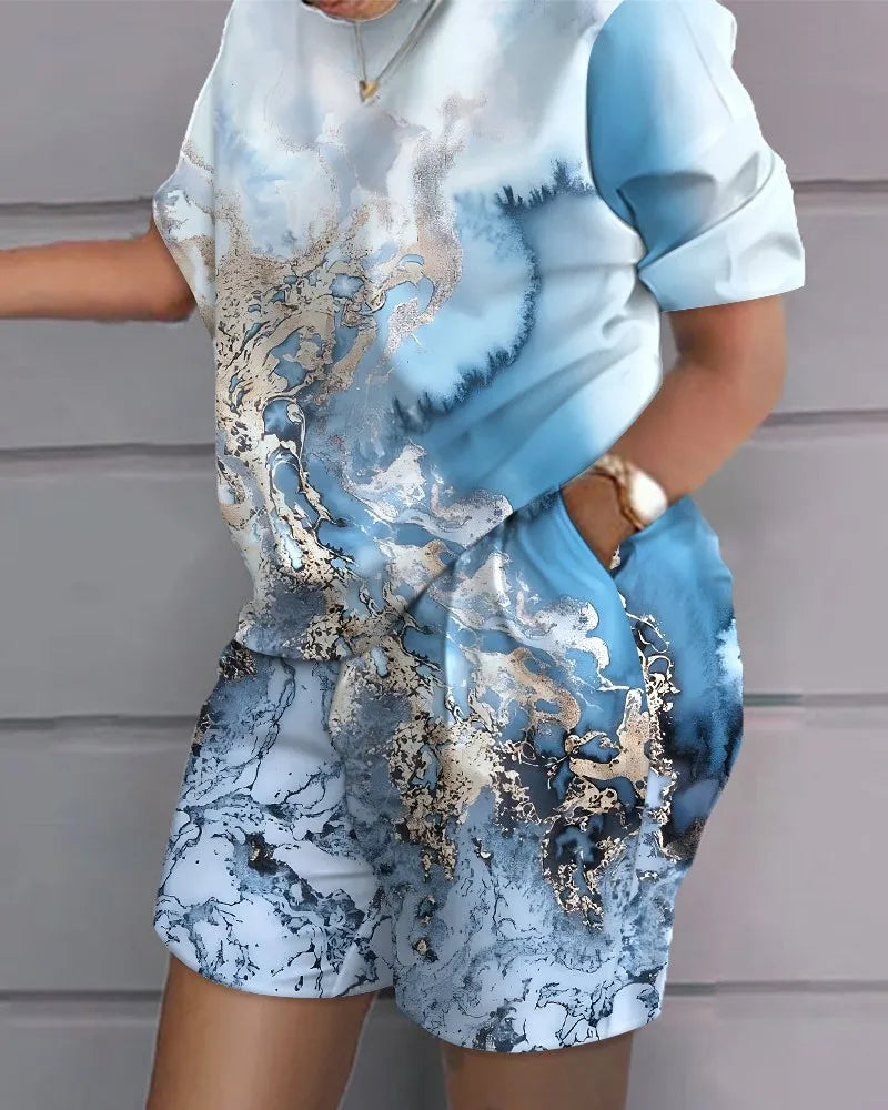 Fashion Casual Women's Shorts Short Sleeve Suit Gradient Letter Print Summer Suit T-shirt + Shorts 2 Pieces Plus Size Dress