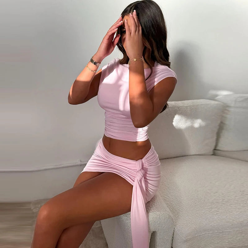 CUTENOVA Solid Color Pleated Backless Sexy Twopiece Set 2024 Off Shoulder Mini Shkirt Women Set Elegant Evening Party 2 Pieces