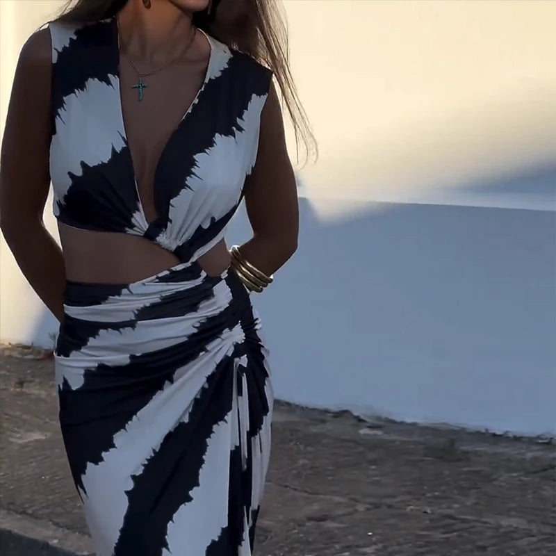 Ellafads Maxi Dress Women's Summer Sexy Printed Fashion Hollow V Neck Tie Pleated Irregular Slim Holiday Dresses Streetwear