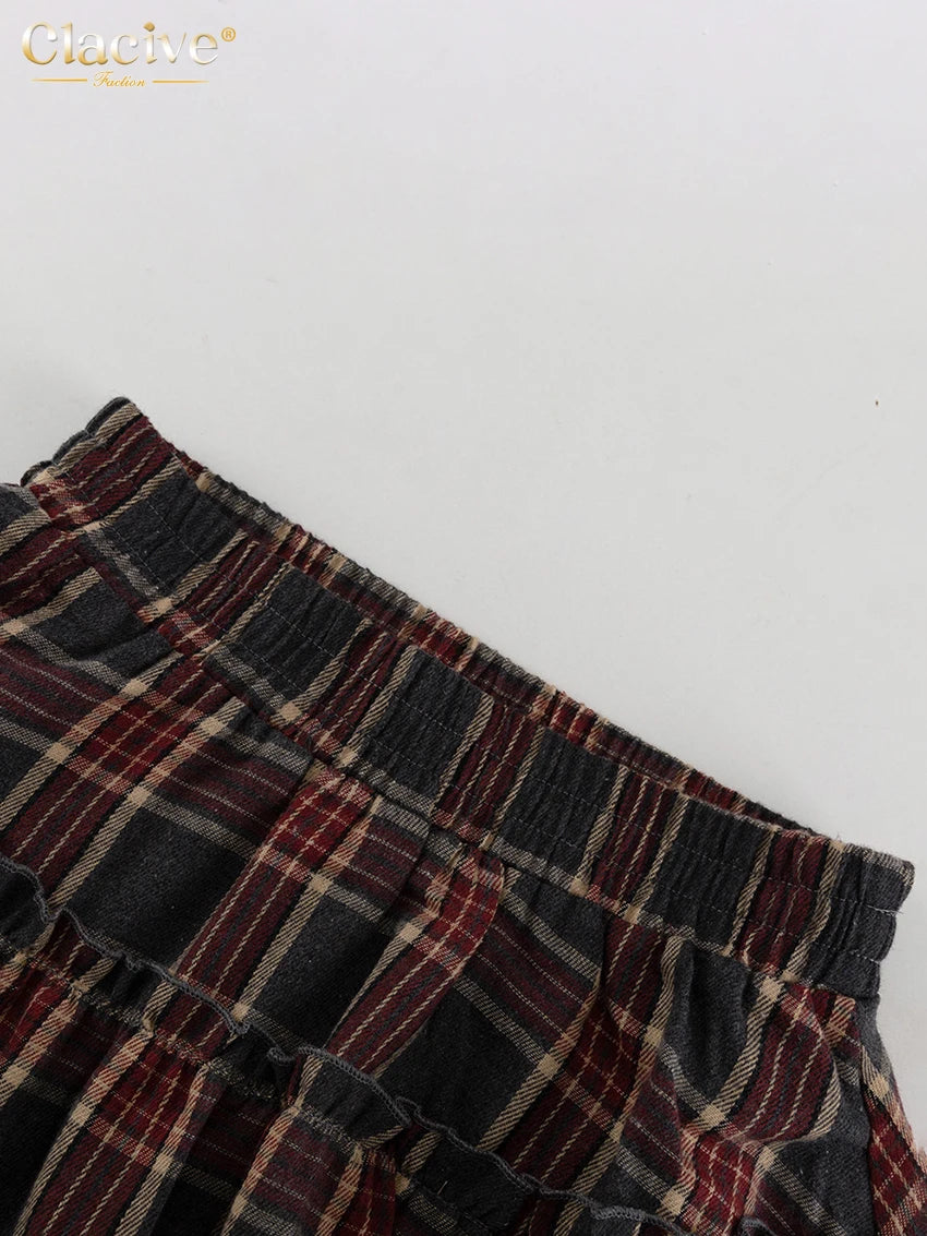 Clacive Fashion Loose Plaid 2 Piece Sets Women Outfit 2025 Elegant Long Sleeve Shirt With High Waist Mini Skirt Set Female