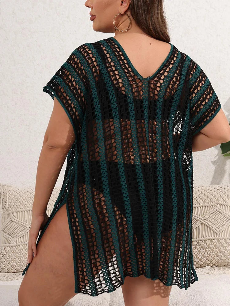 GIBSIE Plus Size Sexy Hollow Out Bikini Cover-ups Women Summer Vacation Split Beach Dress Female Swimsuit Cover Up Beachwear