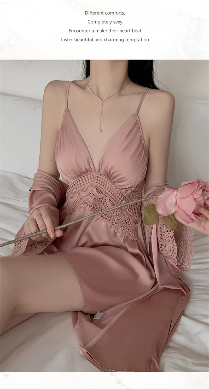 REBEYULI Brand 2025 Vintage Women Nightgown Sets Sexy Lingerie Set Spaghetti Strap Nigh Dress with Bra Cups Women's Nightwear