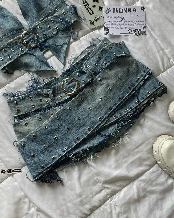 Harajuku New Y2k Two Piece Sets Womens Outifits Pink Leather Denim Splicing Zipper Jacket Skirt Sets Pleated Skirts Streetwear