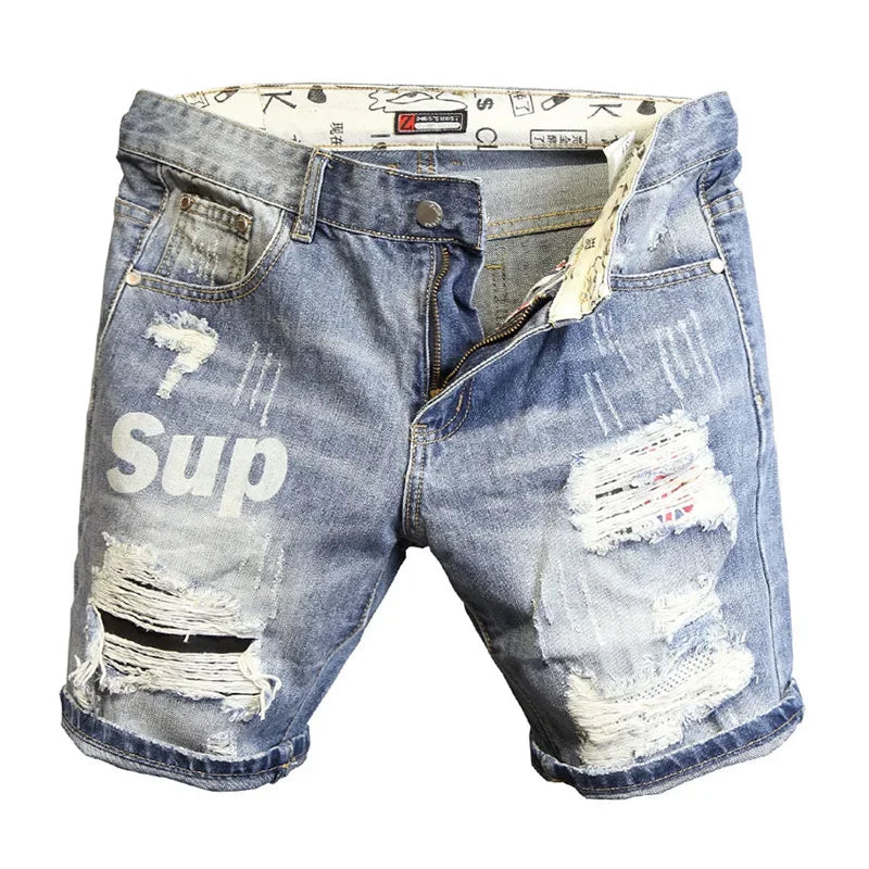 Summer 2025 Light Blue Ripped Cat Whisker Patch Letter Print Slim Denim Shorts Teenagers Jeans Boys and Girls Cowboy Short Pants