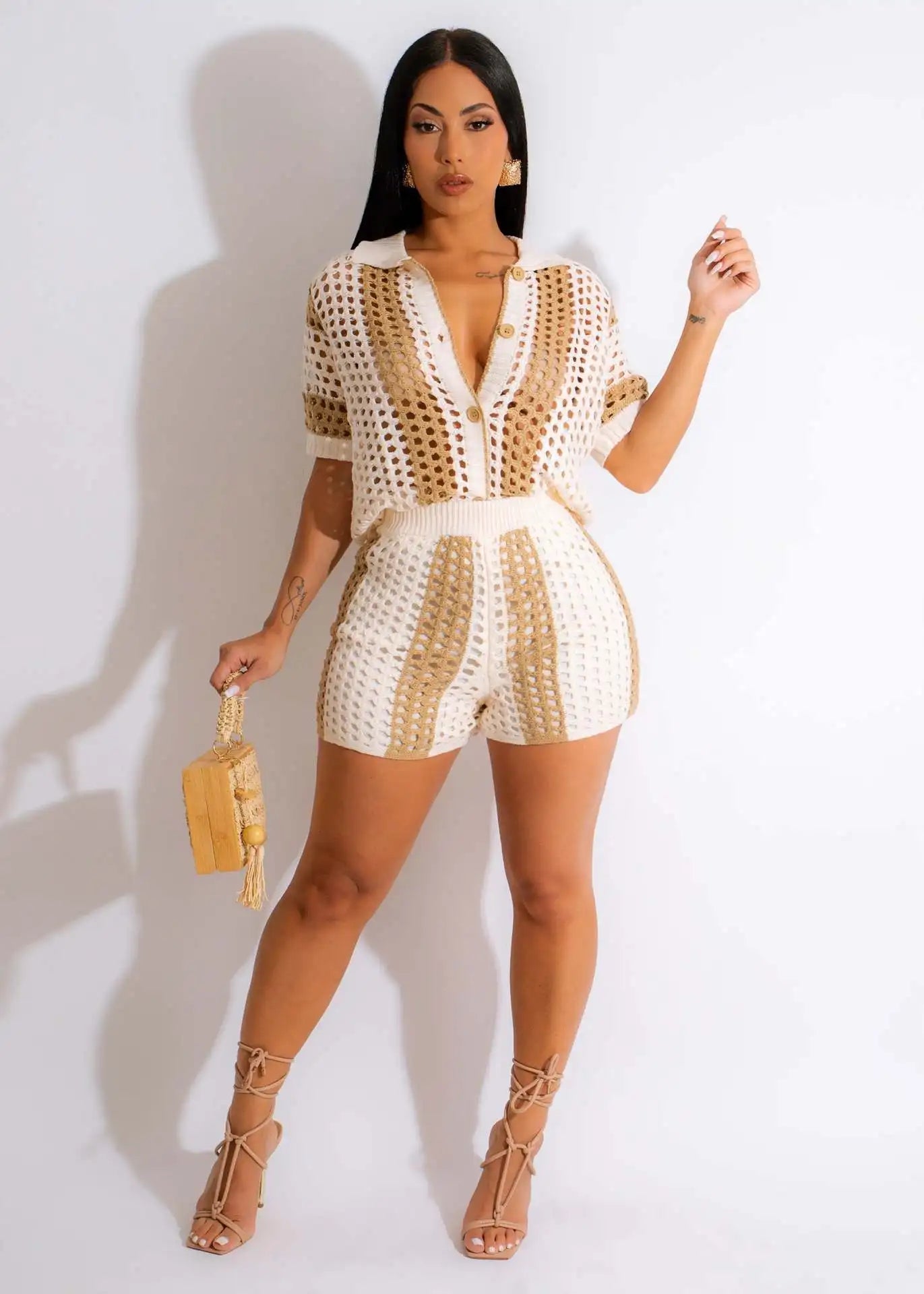 CM.YAYA Knit Ribbed Crochet Hollow Out Striped Women's Set Short Sleeve Button Sweater and Shorts 2023 Two 2 Piece Set Outfits