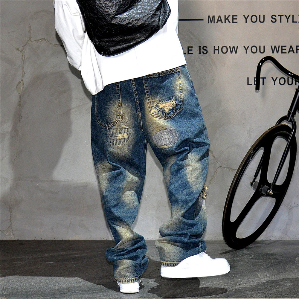 American Streetwear Ripped Patch Jeans Hip Hop Baggy Jeans Mens Clothing Vintage Denim Cargo Pants Japanese Harajuku Trousers