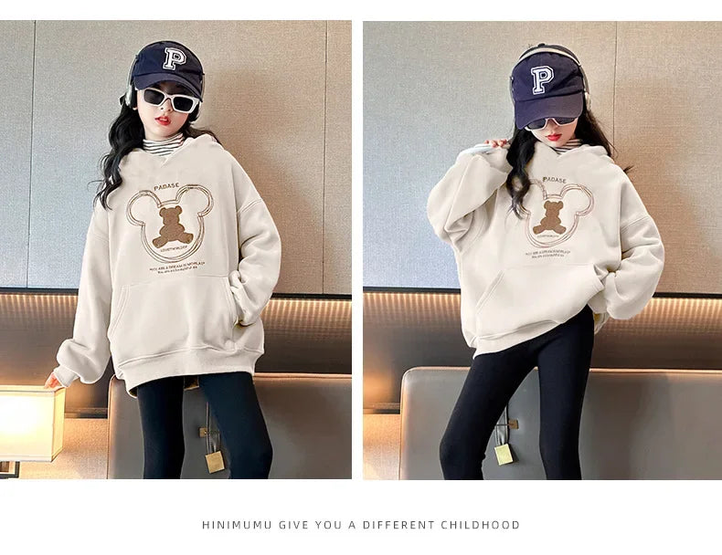 2025 girls clothes autumn winter sweatshirt bear t-shirt hooded + stretch pants leggings teens children set 8 9 10 11 12 year