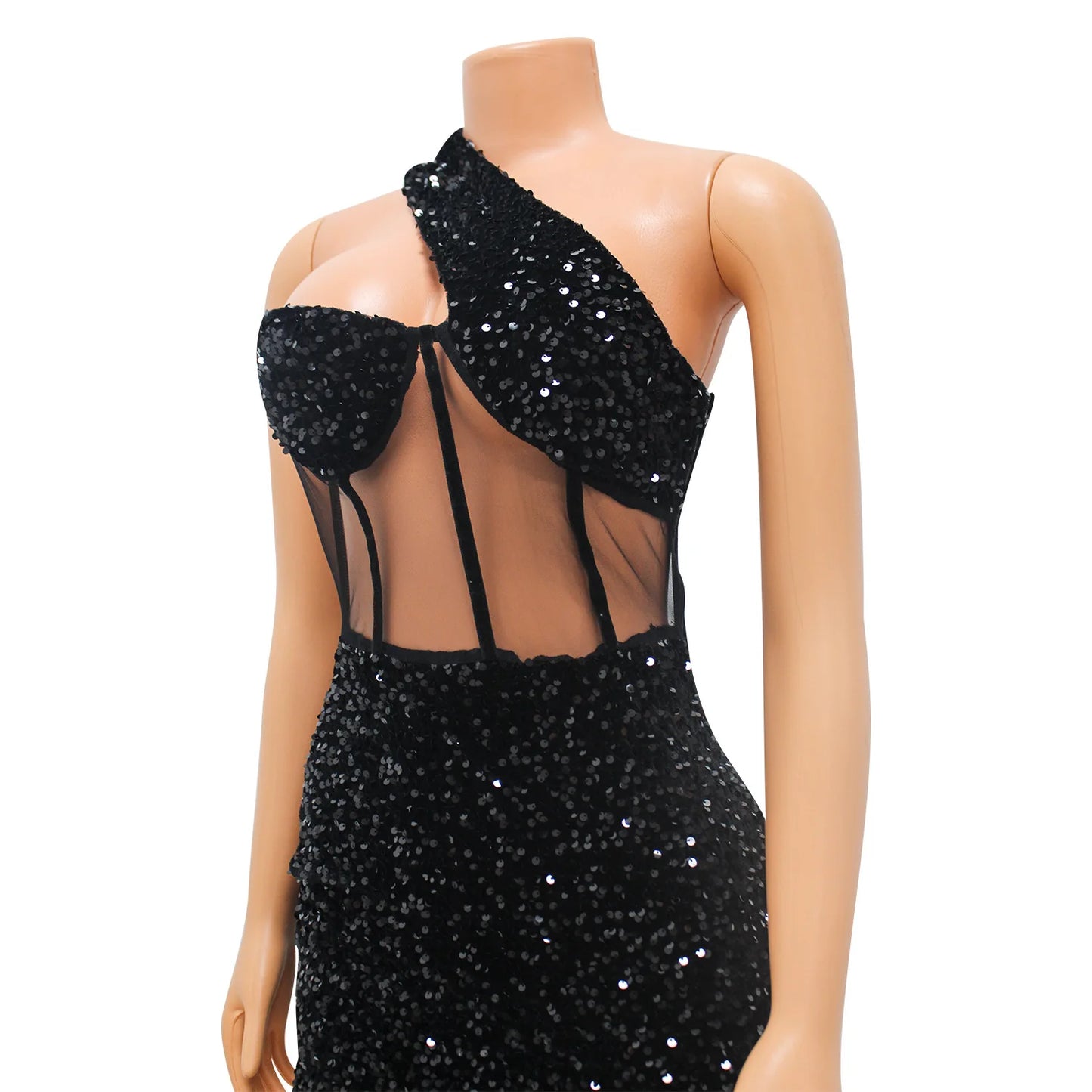 CM.YAYA Women Sequined Halter Neck Sleeveless Bodycon Mesh Patchwork Mini Midi Dress 2023 Summer Sexy Club Party Evening Dresses