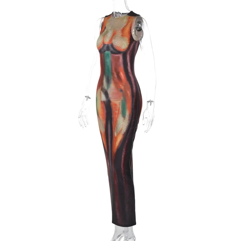 Summer 2024 Y2K Print Sexy Evening Party Club Birthday Maxi Dress for Women Bodycon Sleeveless Long Dresses Outfits Streetwear