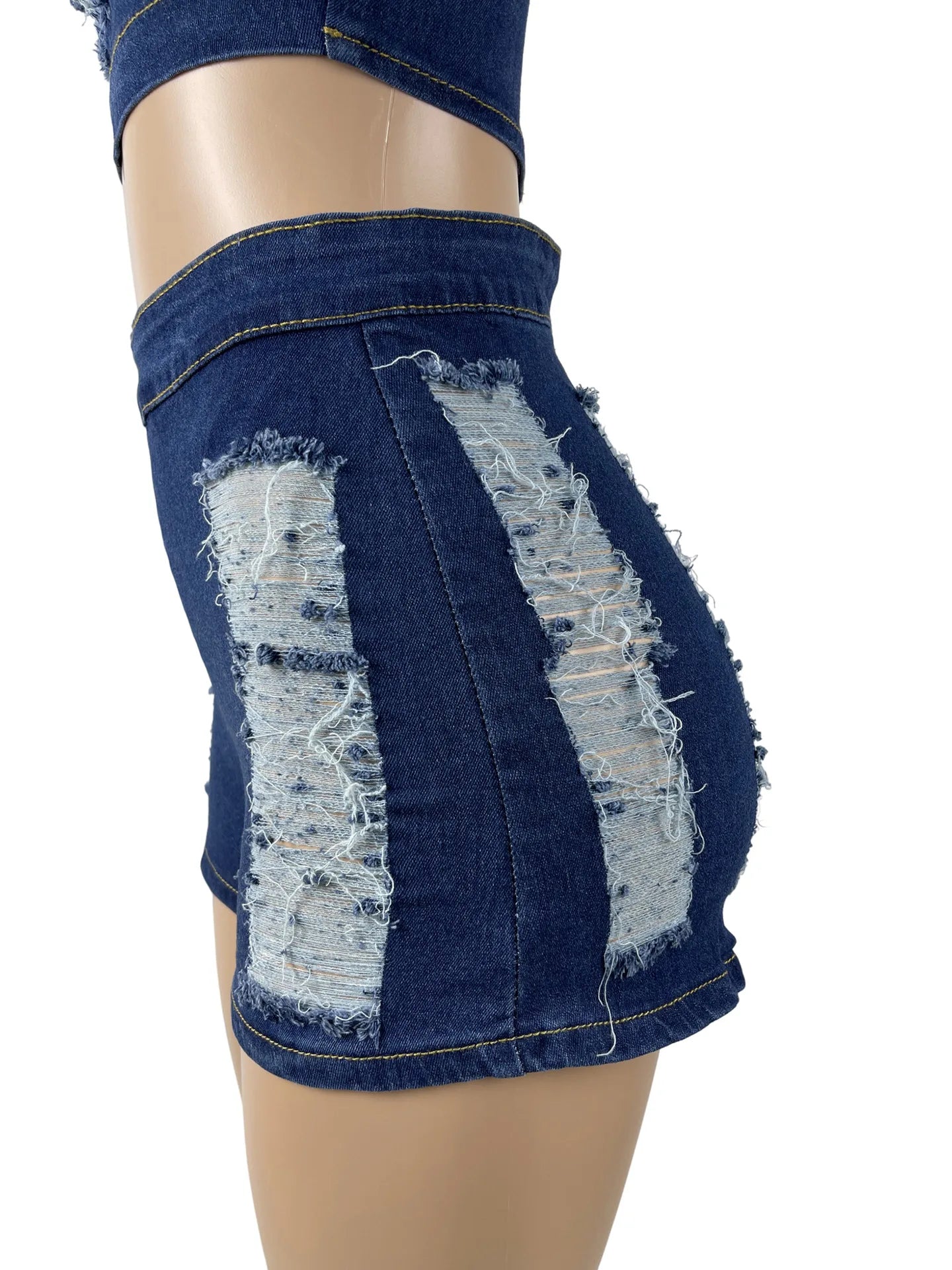 Y2k New Fashion Street Style Stretchy Sexy Ripped Bodice Denim Tops And Denim Shorts Jeans 2PCS Set Women's Clothing Plus Size