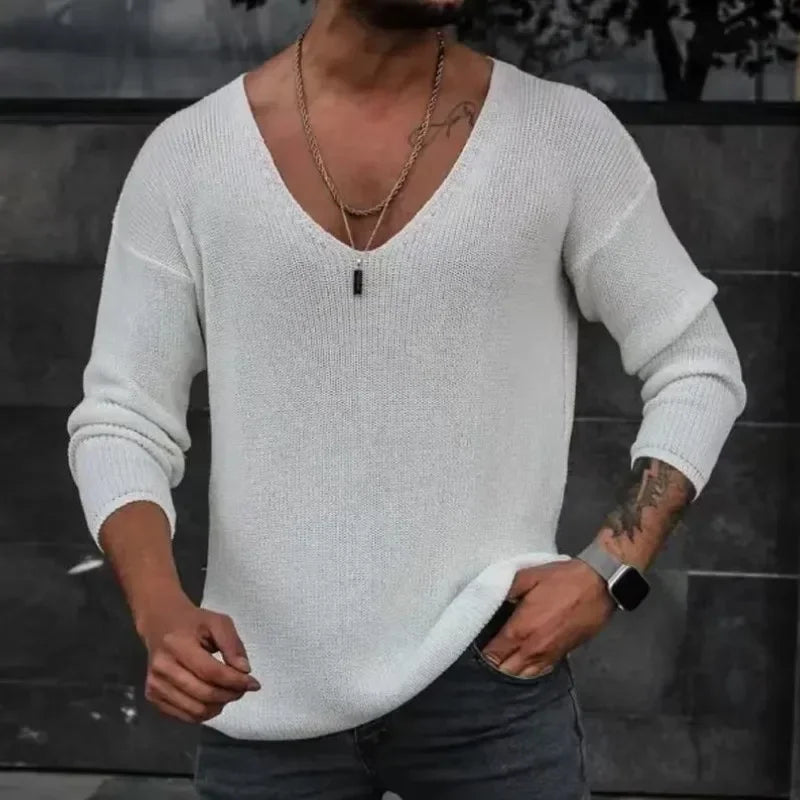 New 2025 Men's Casual Long Sleeve Knitted Sweaters Tops Solid Fashion Pullover Tops For Men Harajuku V-neck Streetwear Jumper