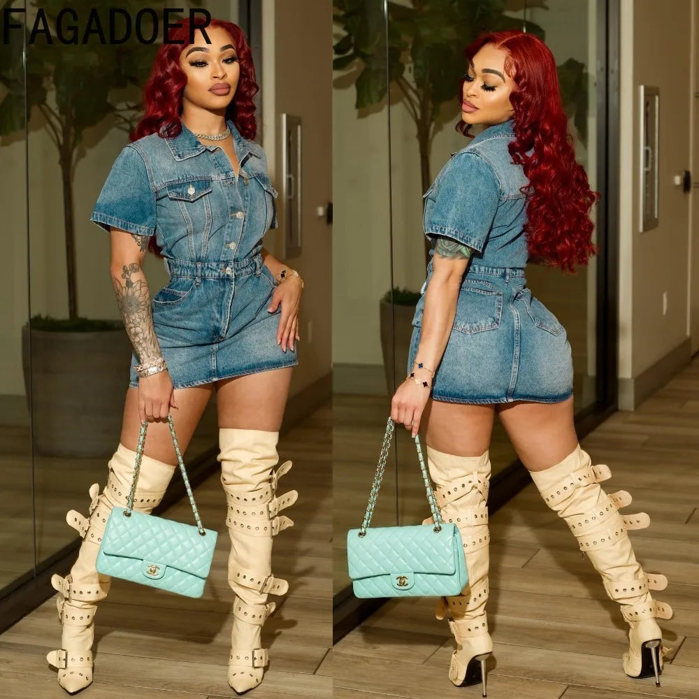 FAGADOER Y2K Denim Dress Mini Fashion Short Sleeve Stretchy Jean Cowboy Cargo Pockets Vestidos Cool Girl Streetwear Clothing new