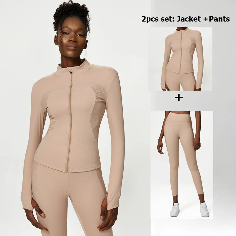 2/3 Pieces Fitness Yoga Set Women Solid Color Stretch Athletic Suit Sexy Bra Zipper Jacket High Waist Leggings Female Sportswear