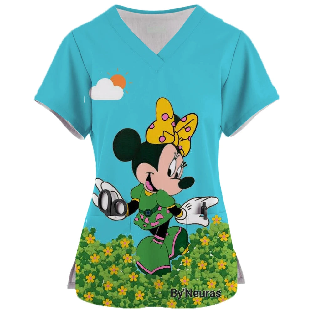 2024 New Minnie Mouse Print Nurse Medical Uniforms V-neck Short Sleeve Pocket Workwear Top Scrubs Medical Accessories Uniform