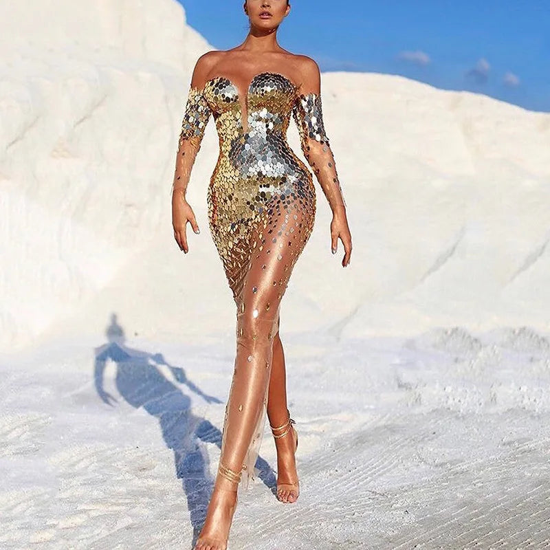 Sequin Off Shoulder Silver Dress Elegant Sexy Mesh See Through Bodycon Dress Women Luxury Summer Clothes Long Evening Club Dress