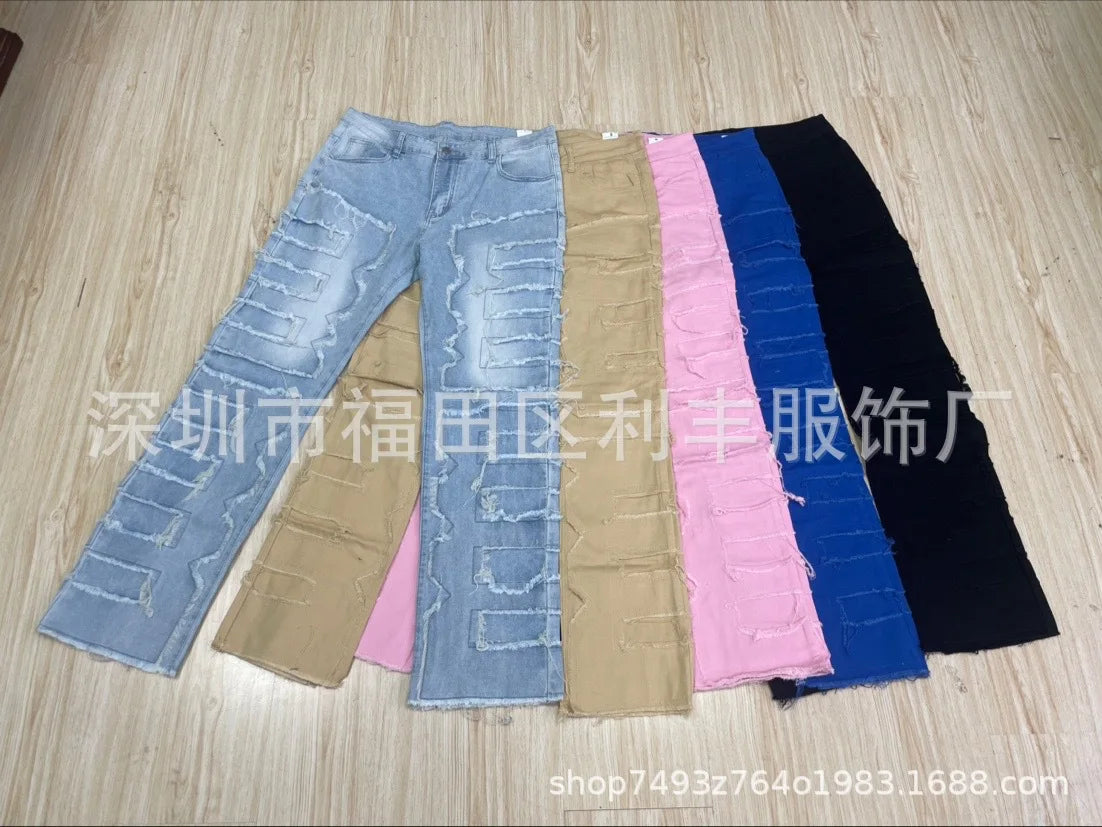 2024 Spring Summer New Men's Clothing Fashion Solid Color Elastic Patch Denim Straight-Leg Pants Jeans
