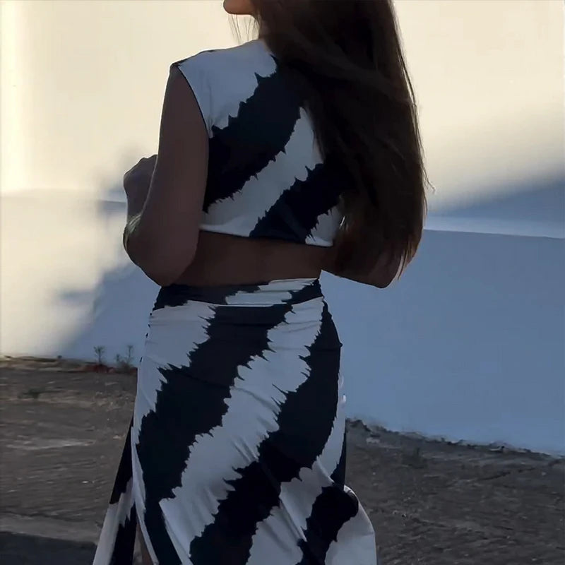 Ellafads Maxi Dress Women's Summer Sexy Printed Fashion Hollow V Neck Tie Pleated Irregular Slim Holiday Dresses Streetwear