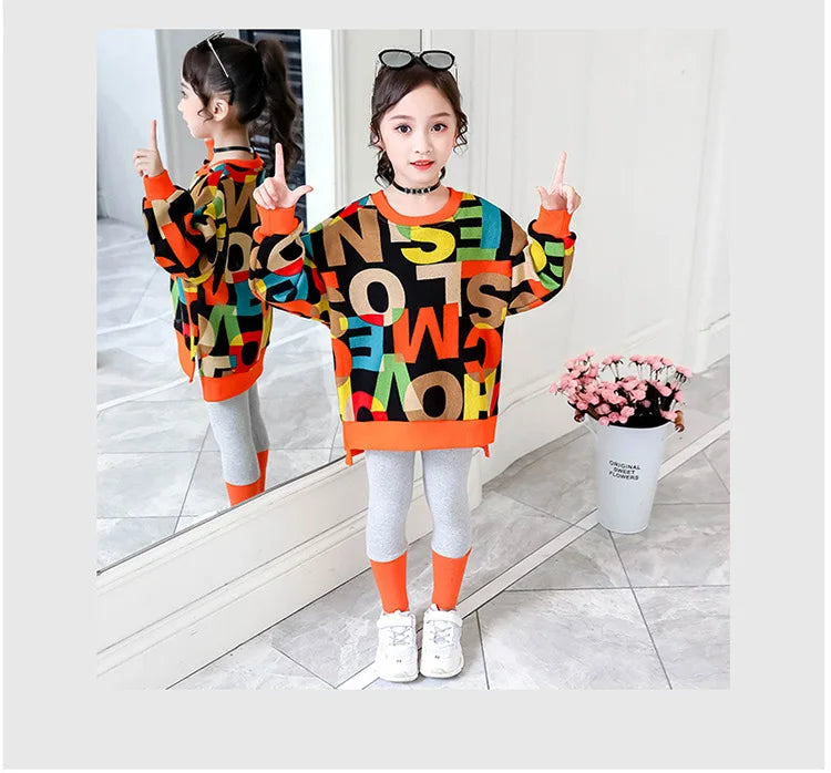 2025 girls clothes autumn winter letter sweatshirt t-shirt hooded + stretch pants leggings cotton teens child 8 9 10 11 12 year