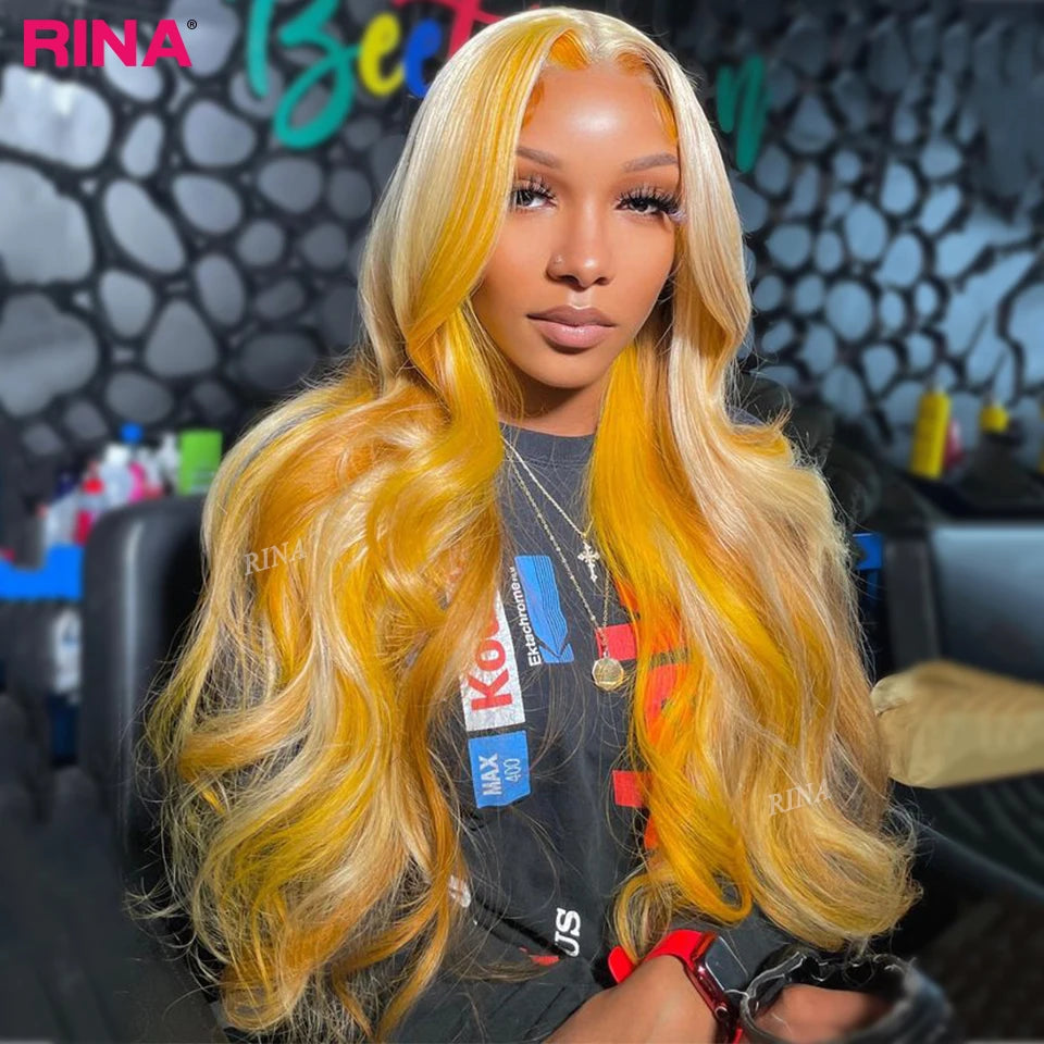 Yellow With 613 Lace Front Wig 13X4 Ombre Light Yellow Blonde 613 Color Body Wave Lace Front Wigs PrePlucked Human Hair Wigs