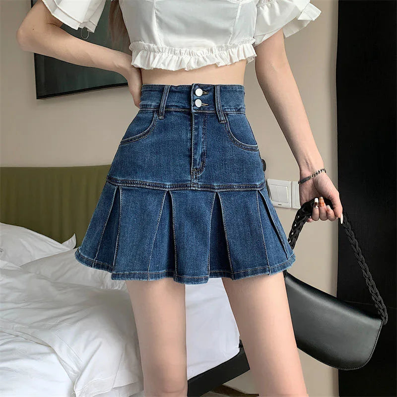 Lucyever Korean Style Women's Mini Denim Skirt Fashion High Waist A-Line Jean Skirts Woman 2025 Summer New Street Pleated Skirts