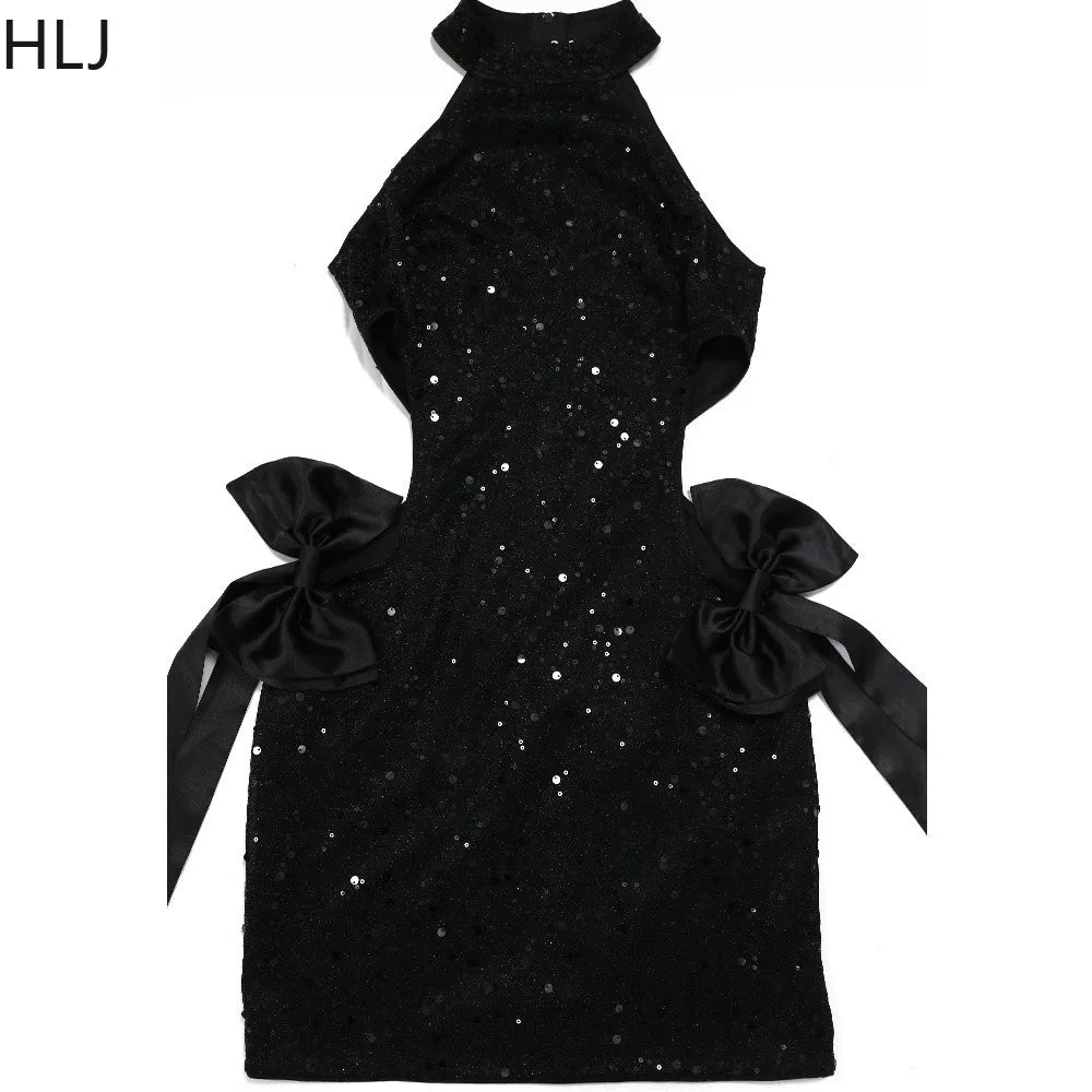 FAGADOER Bow Patchwork Bodycon Birthday Party Mini Sequined Dress Black Sexy Side Hollow Halter Tassel Night Clubwear 2024 New