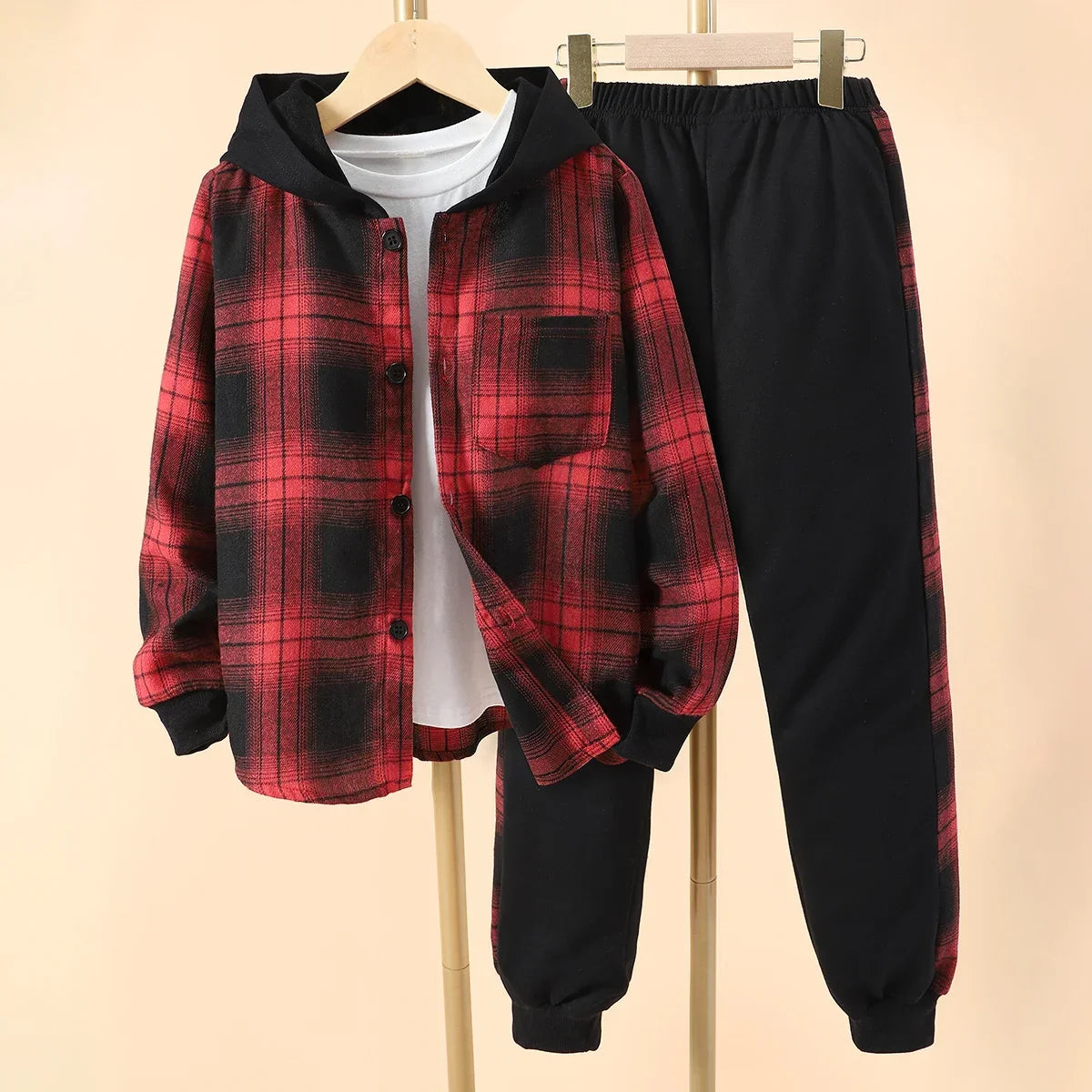 Kids Boys' Autumn Casual Checker Hoodie Set