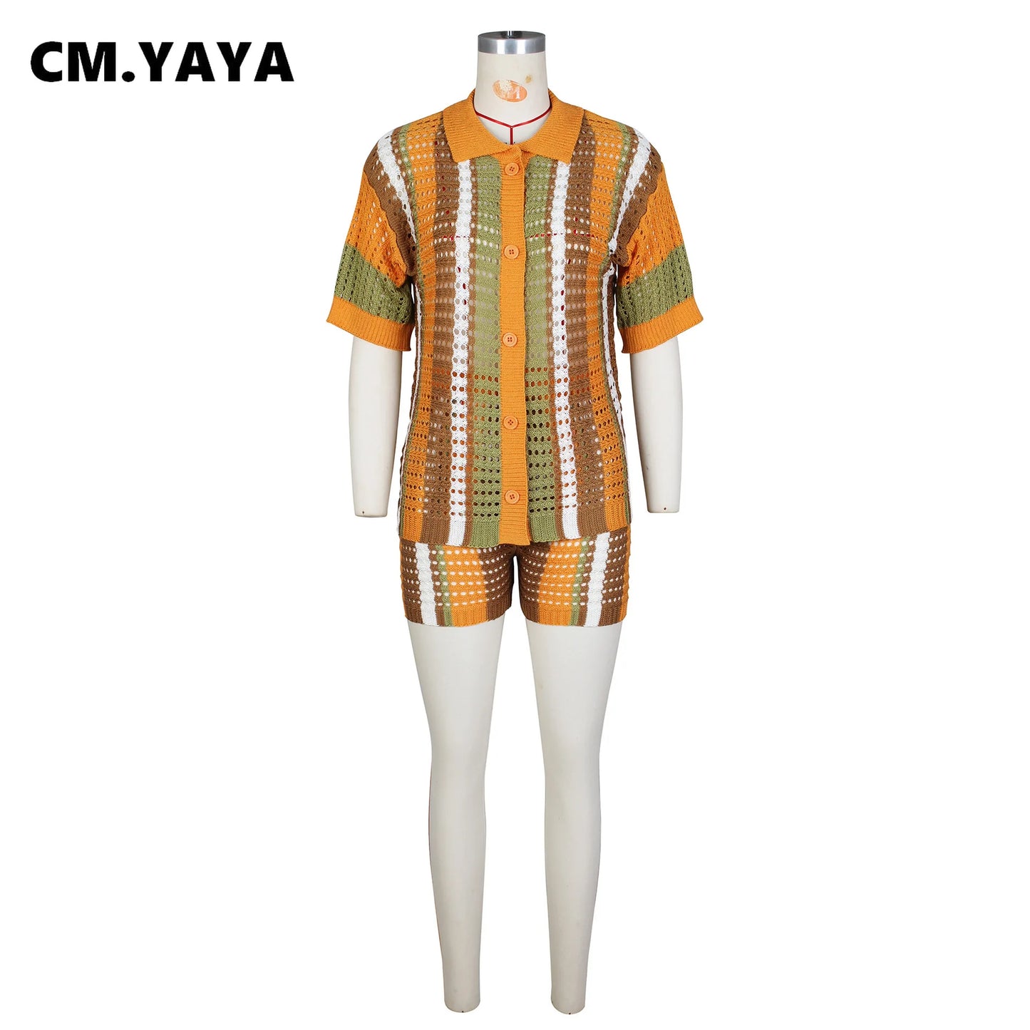 CM.YAYA Knit Ribbed Crochet Hollow Out Striped Women's Set Short Sleeve Button Sweater and Shorts 2023 Two 2 Piece Set Outfits