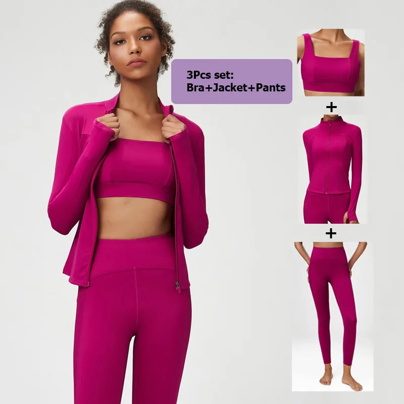 2/3 Pieces Fitness Yoga Set Women Solid Color Stretch Athletic Suit Sexy Bra Zipper Jacket High Waist Leggings Female Sportswear