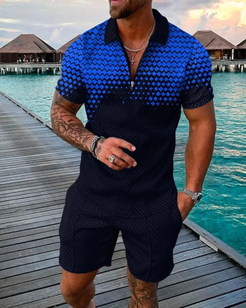 New 2025 Men's Polo Suit Fashion Men Sets Solid Summer V-neck Zipper Short Sleeve POLO Shirt+Shorts Two Pieces Men Casual Suit