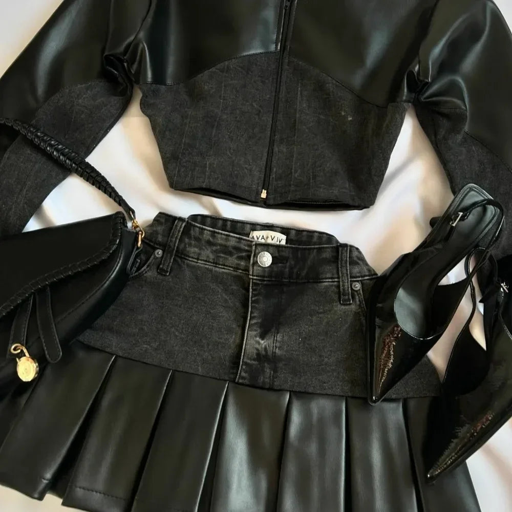 Harajuku New Y2k Two Piece Sets Womens Outifits Pink Leather Denim Splicing Zipper Jacket Skirt Sets Pleated Skirts Streetwear