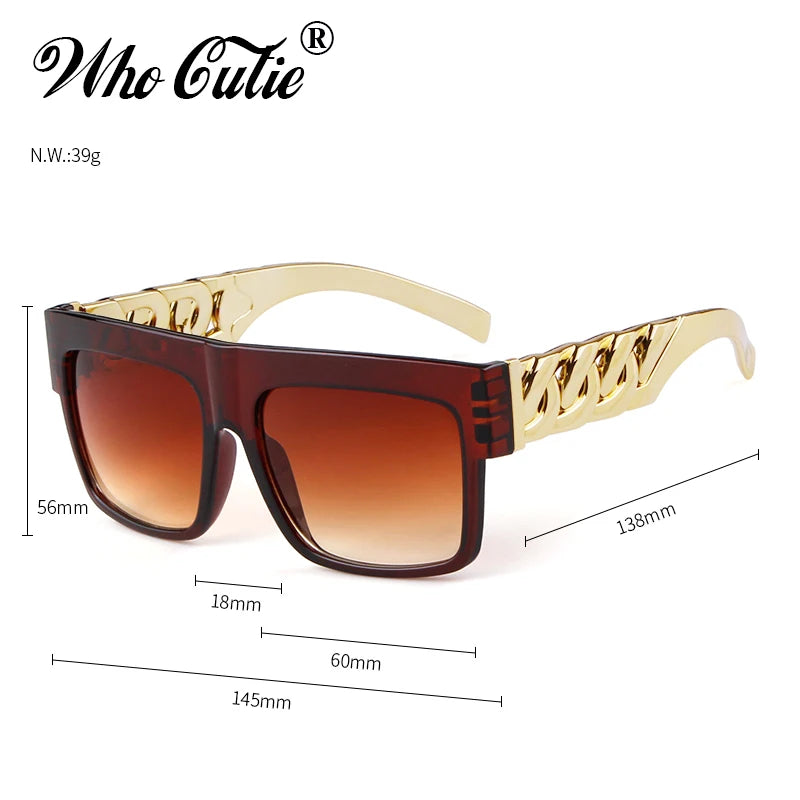 2025 Oversized Hip Hop Sunglasses Men Women Brand Design Flat Top Retro Square Black Sun Glasses Gold Plastic Chain Frame OM725