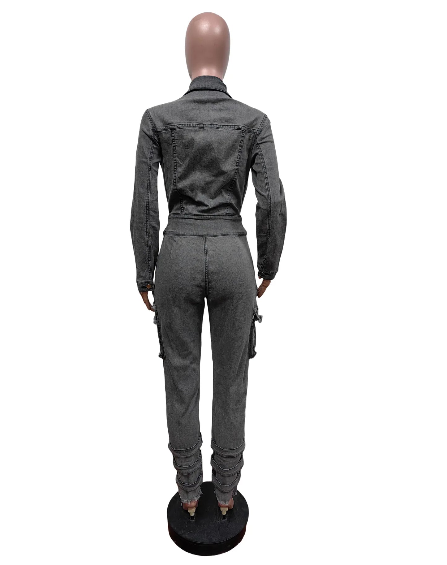 FAGADOER Retro Grey Denim Jumpsuits Women Cargo Pockets Zip Bodycon Jeans Stretchy Quality Overalls Streetwear Autumn New