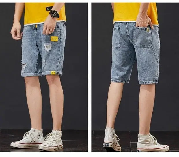 Summer 2025 Light Blue Ripped Cat Whisker Patch Letter Print Slim Denim Shorts Teenagers Jeans Boys and Girls Cowboy Short Pants