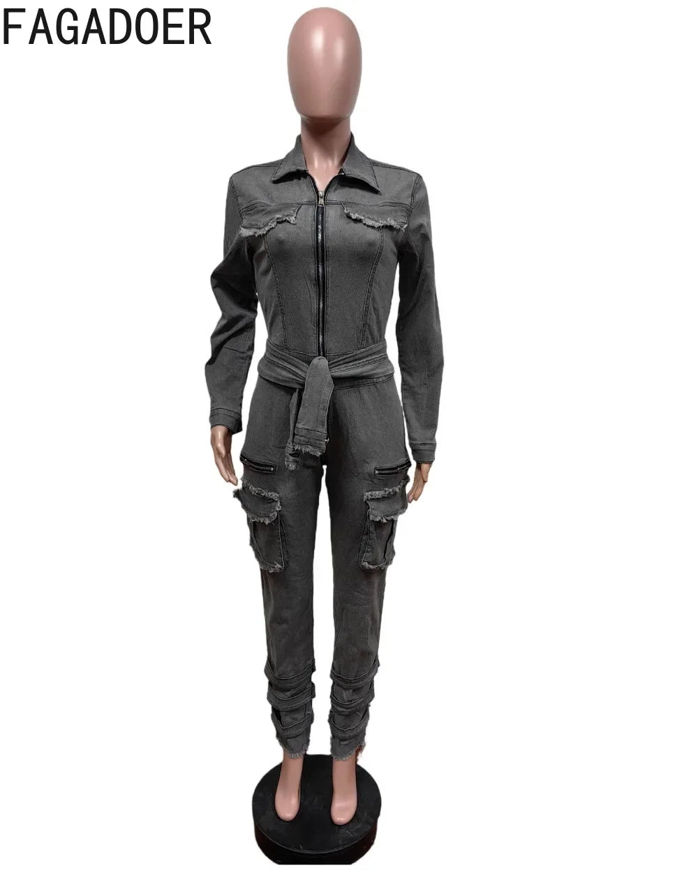 FAGADOER Retro Grey Denim Jumpsuits Women Cargo Pockets Zip Bodycon Jeans Stretchy Quality Overalls Streetwear Autumn New