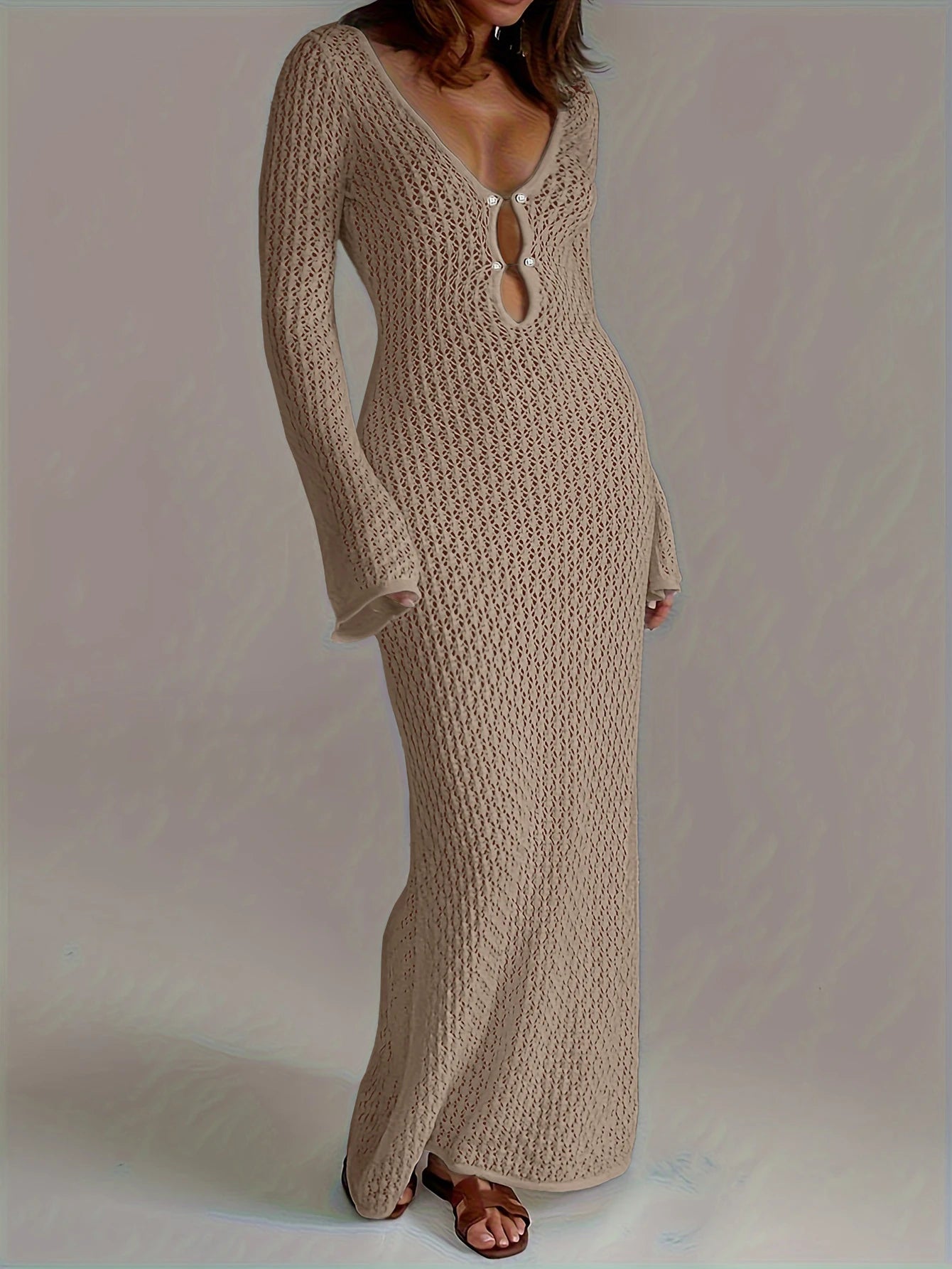 Deep V-Neck Hollow-Out Beach Dress