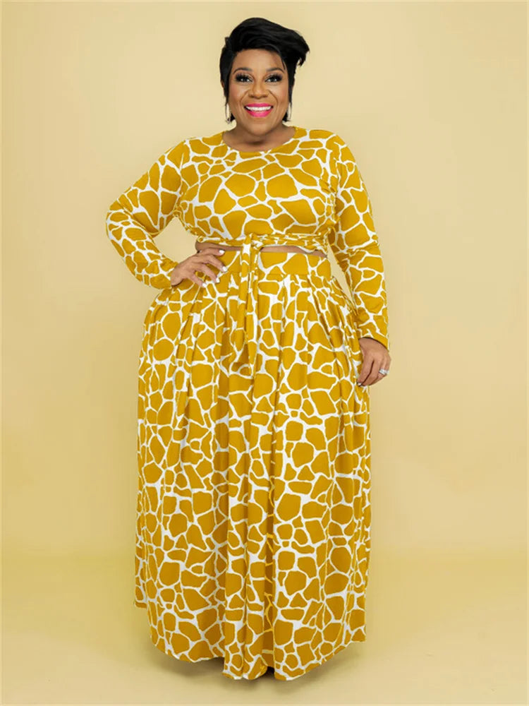 Wmstar Plus Size Women Clothing Skirts Matching Sets 2 Piece Outfits Crop Top Long Sleeve Maxi Big Swing Wholesale Dropshipping