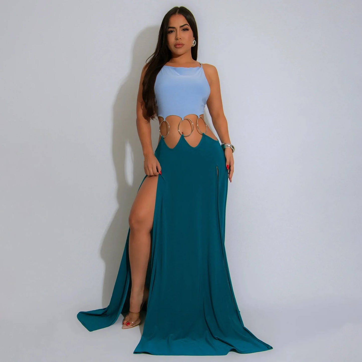 CM.YAYA Women Strap Backless Big Swing Split Maxi Long Dress 2025 Hollow Out Birthday Sexy Club Party Evening Dresses Vestidos