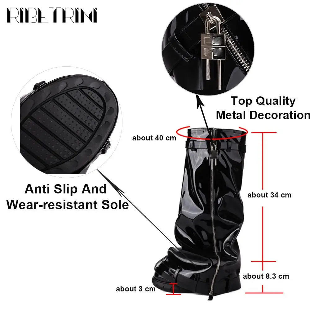 Platform Women Fold Over Mid Calf Padlock Metal Platform Shoes