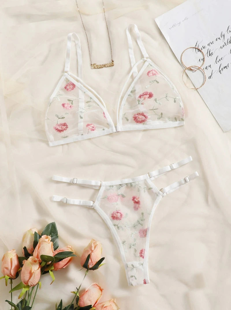 Women Lingerie Sets Underwear Embroidery Flower Lace Bra Thong Lingerie Set Thongs Mesh Translucent Ultrathin Underwear Lingerie