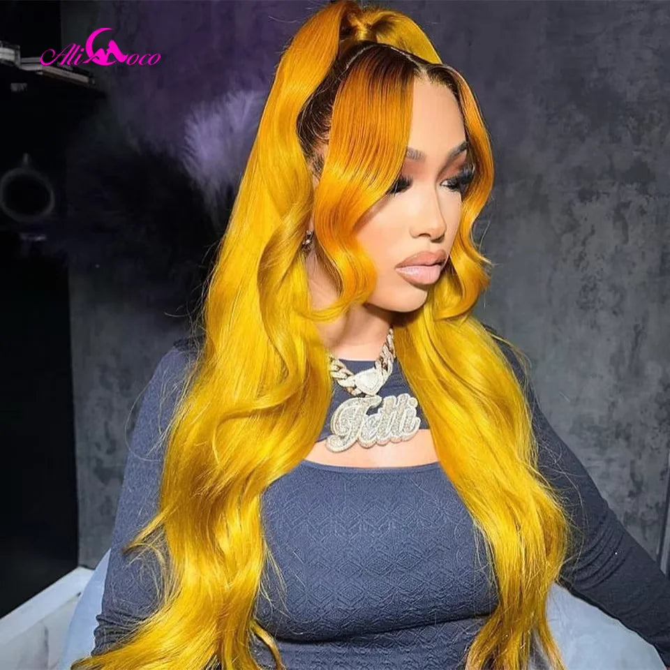 Yellow With Black Root Body Wave Human Hair Wig Pre-Plucked 13x4 13x6 Lace Frontal Human Hair Wig For Black Woman 180 Density