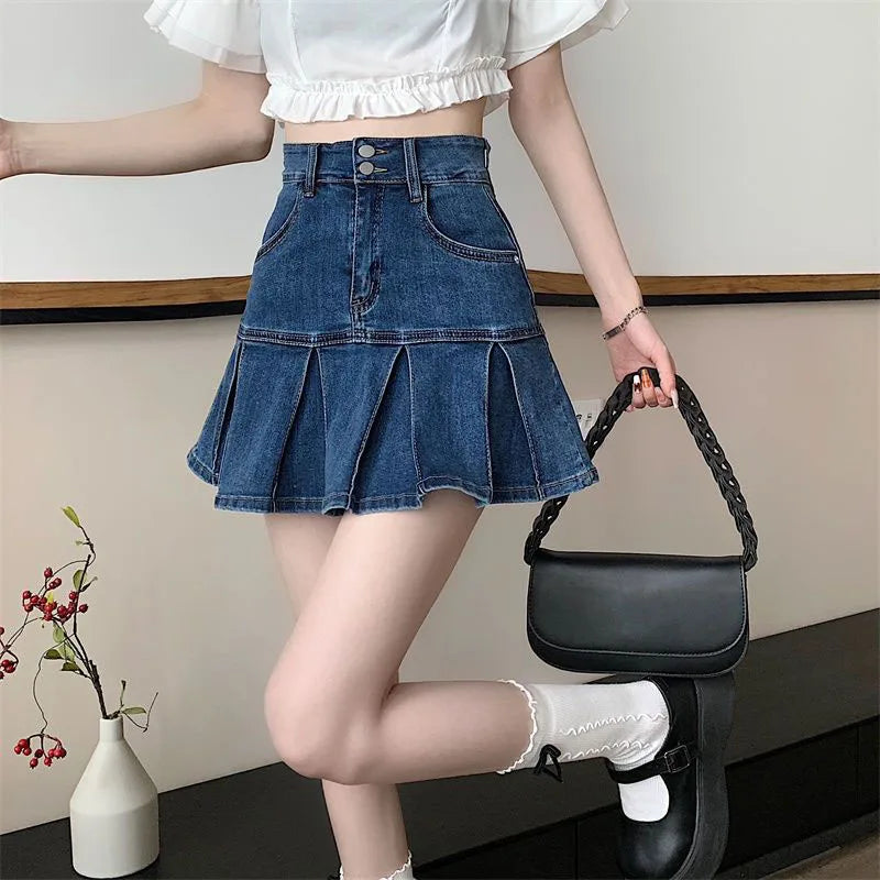 Lucyever Korean Style Women's Mini Denim Skirt Fashion High Waist A-Line Jean Skirts Woman 2025 Summer New Street Pleated Skirts