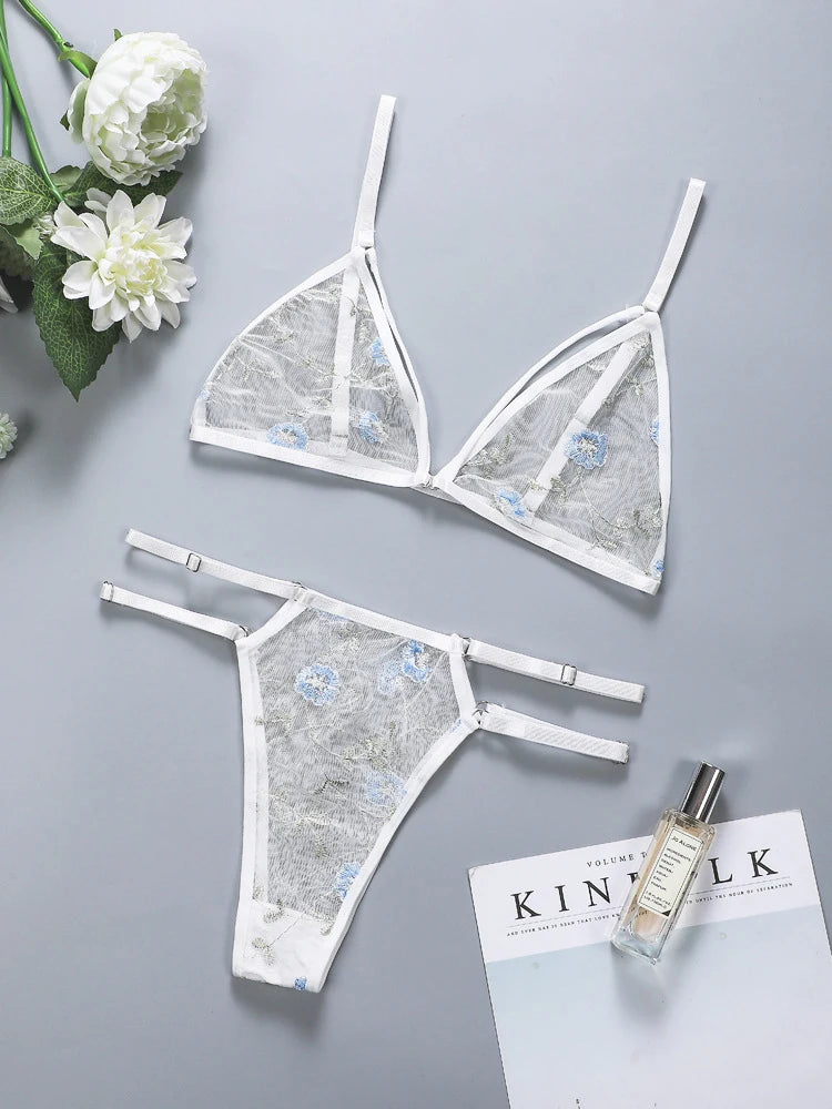 Women Lingerie Sets Underwear Embroidery Flower Lace Bra Thong Lingerie Set Thongs Mesh Translucent Ultrathin Underwear Lingerie