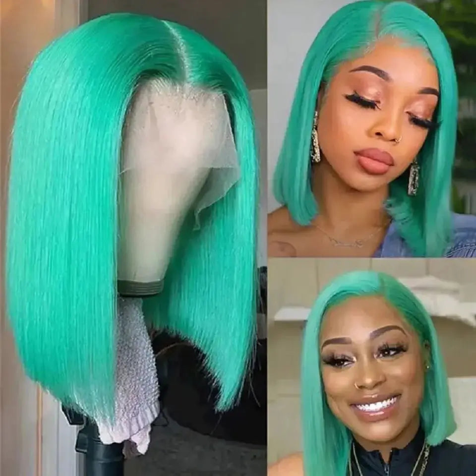 Mint Green Bob Wig Human Hair 200% Density 13x4 Transparent Straight Lace Front Wigs Pre Plucked with Baby Hair for Black Women