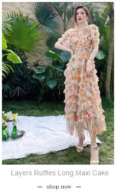 JAMERARY Women Dress Summer Runway Cut Out Double Layer Ruffles Embroidery Elastic Waist Short Party Vestidos Holiday Beach Wear