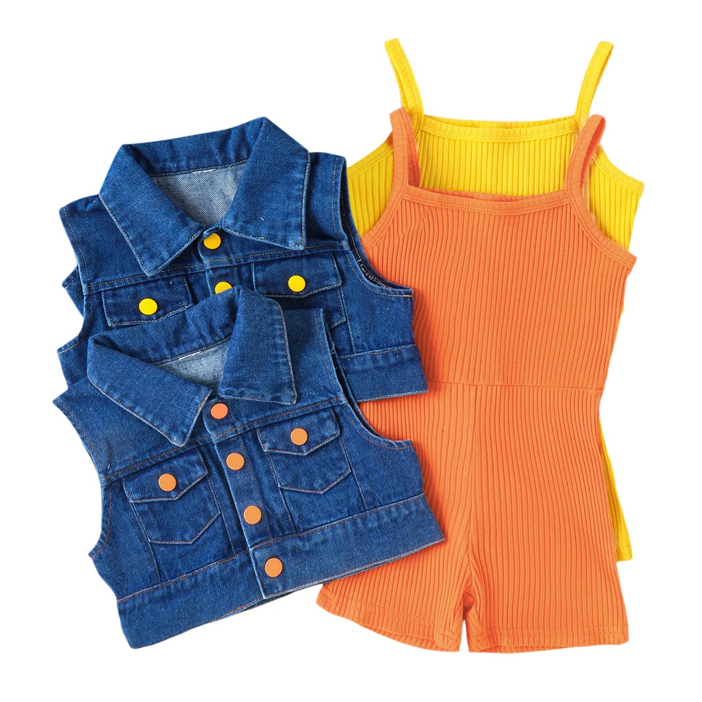 Children Fashion Clothes Sets For Girls 3-7 Years 2025 Summer Sleeveless Solid Rib Bodysuit +Lapel Denim Coat Two Piece Outfits