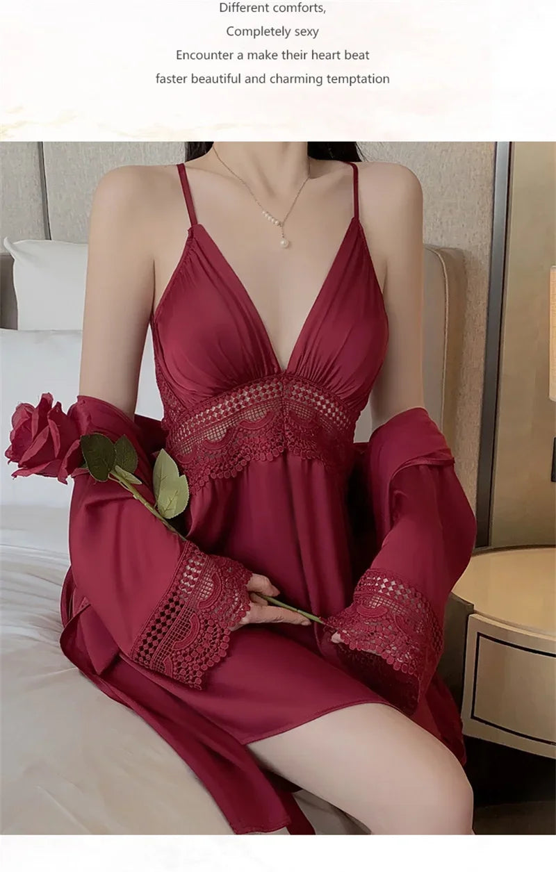 REBEYULI Brand 2025 Vintage Women Nightgown Sets Sexy Lingerie Set Spaghetti Strap Nigh Dress with Bra Cups Women's Nightwear