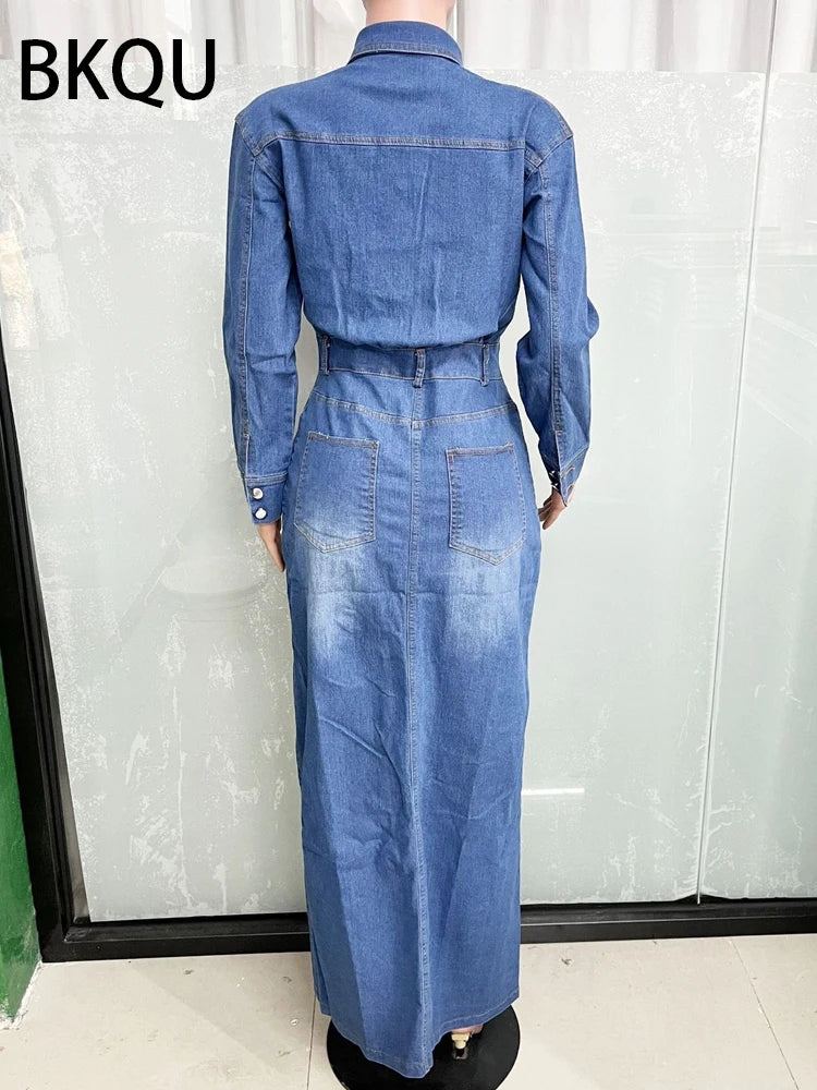 Spring Sexy Split Maxi Dress Fashion Lady Club Streetwear Jean Dress