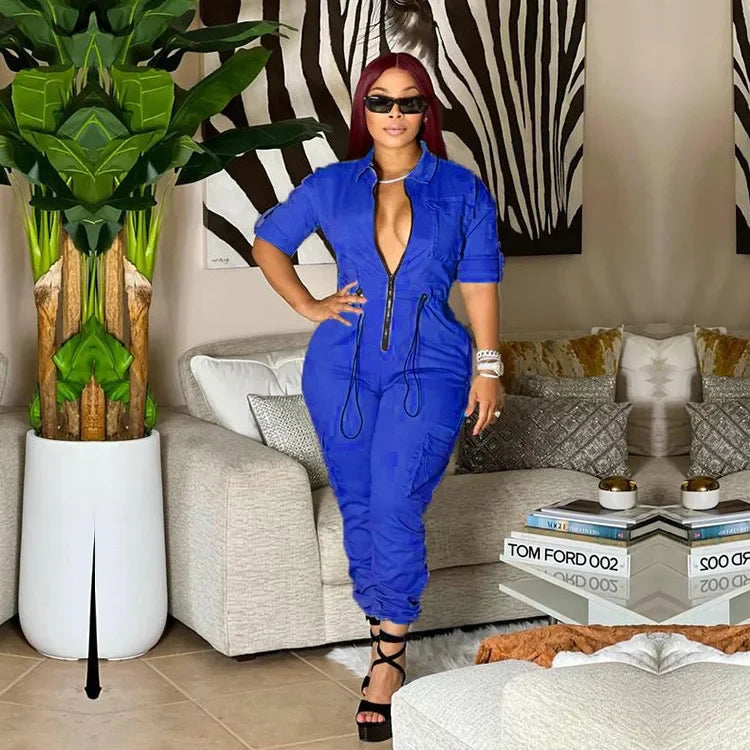 CM.YAYA Women Safari Style Short Sleeve Zipper Fly Pocket Side INS Zipper Fly Jumpsuit Fashion Casual One Piece Suit Playsuit